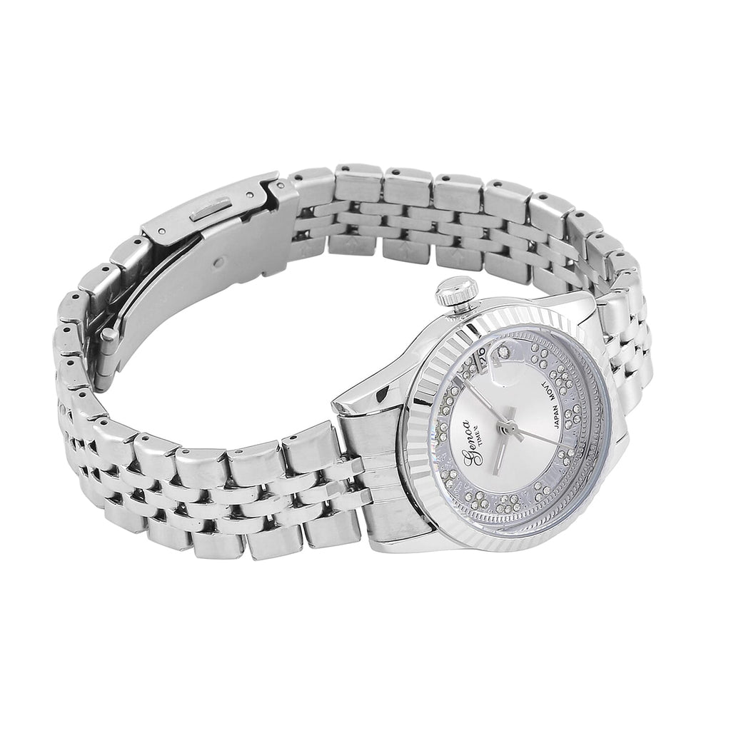 Designer Inspired-GENOA TIME V2 Japan Movt. White Sunshine Literal Crystal Studded Dial 3 ATM WR Watch with Stainless Steel Chain Strap