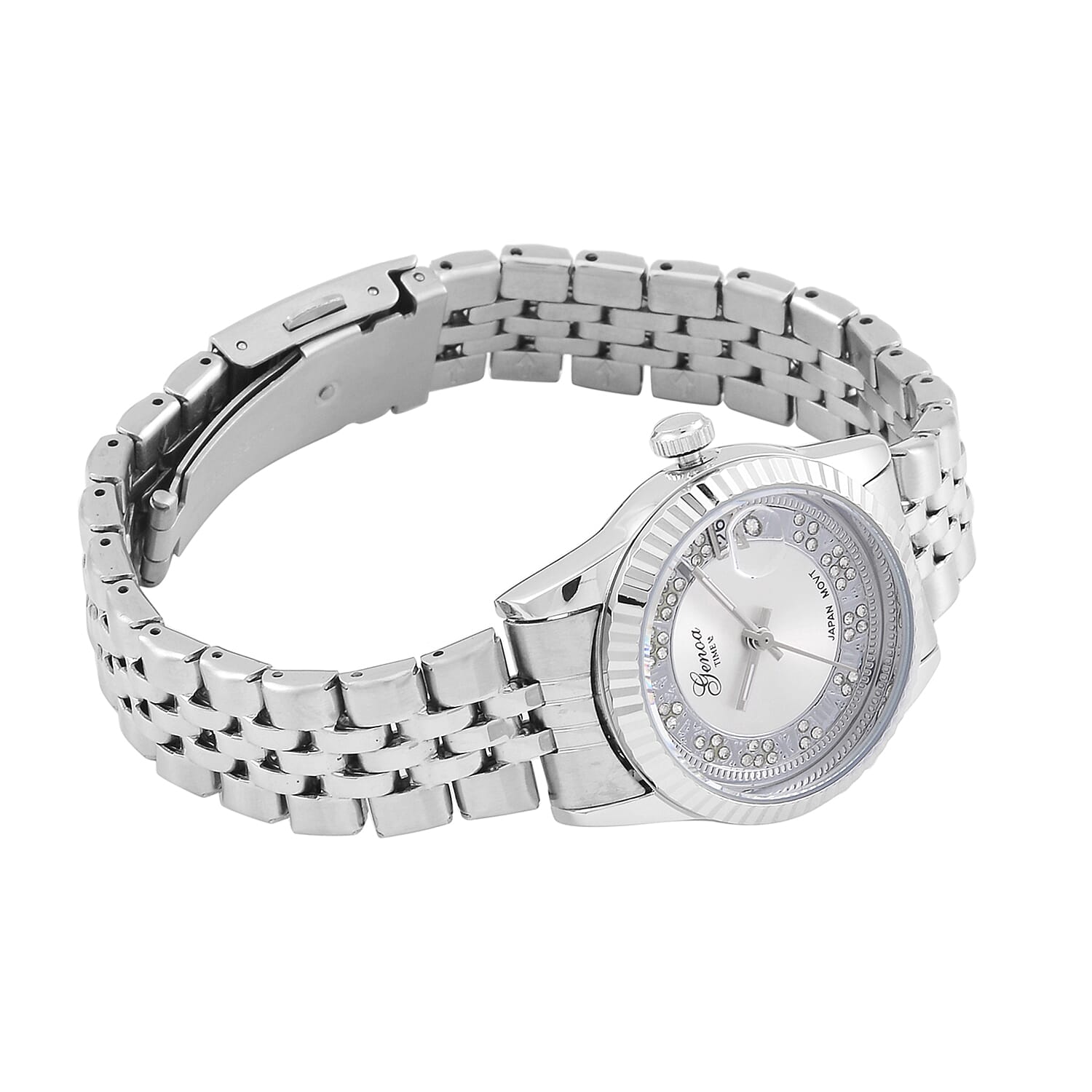 Designer Inspired-GENOA TIME V2 Japan Movt. White Sunshine Literal Crystal Studded Dial 3 ATM WR Watch with Stainless Steel Chain Strap
