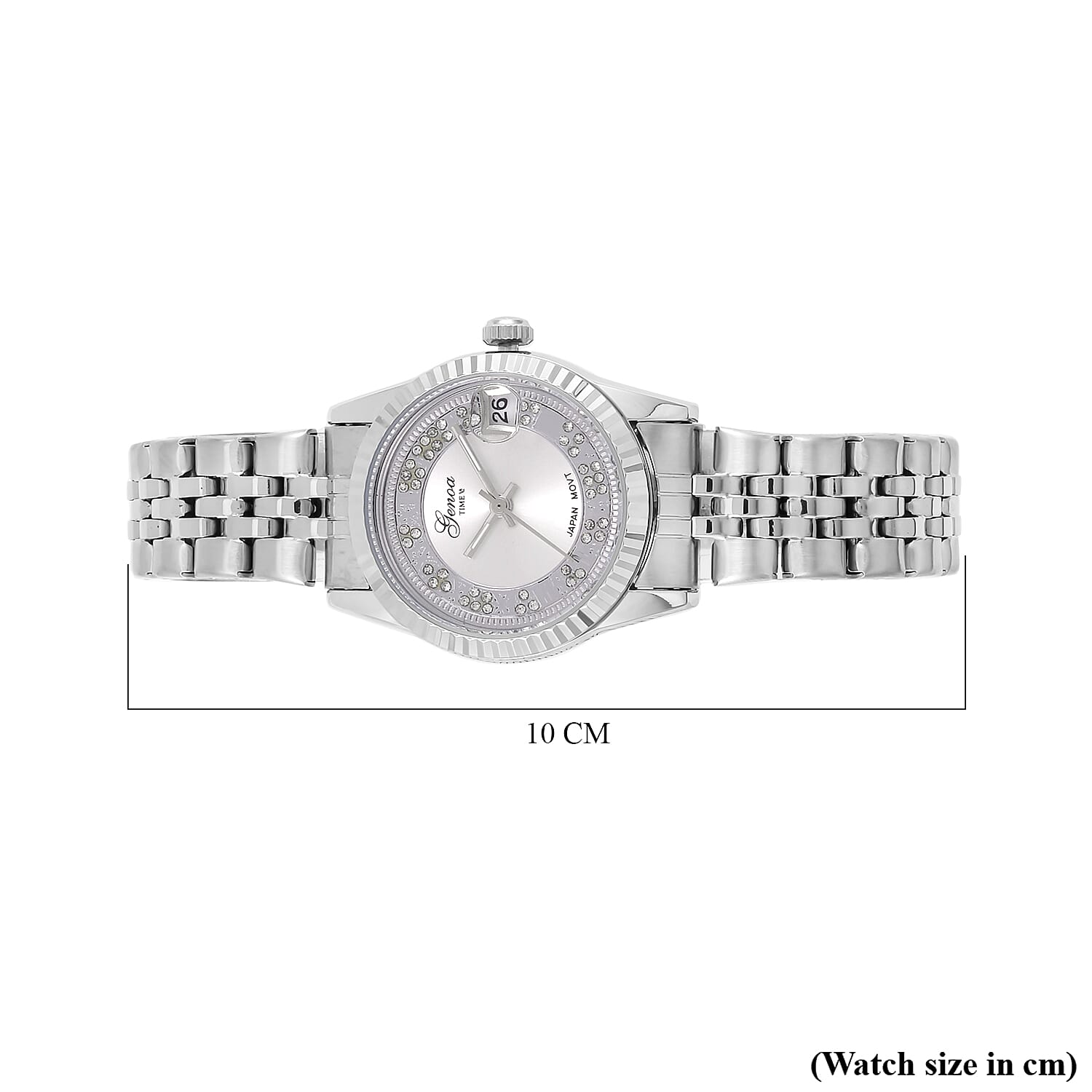 Designer Inspired-GENOA TIME V2 Japan Movt. White Sunshine Literal Crystal Studded Dial 3 ATM WR Watch with Stainless Steel Chain Strap