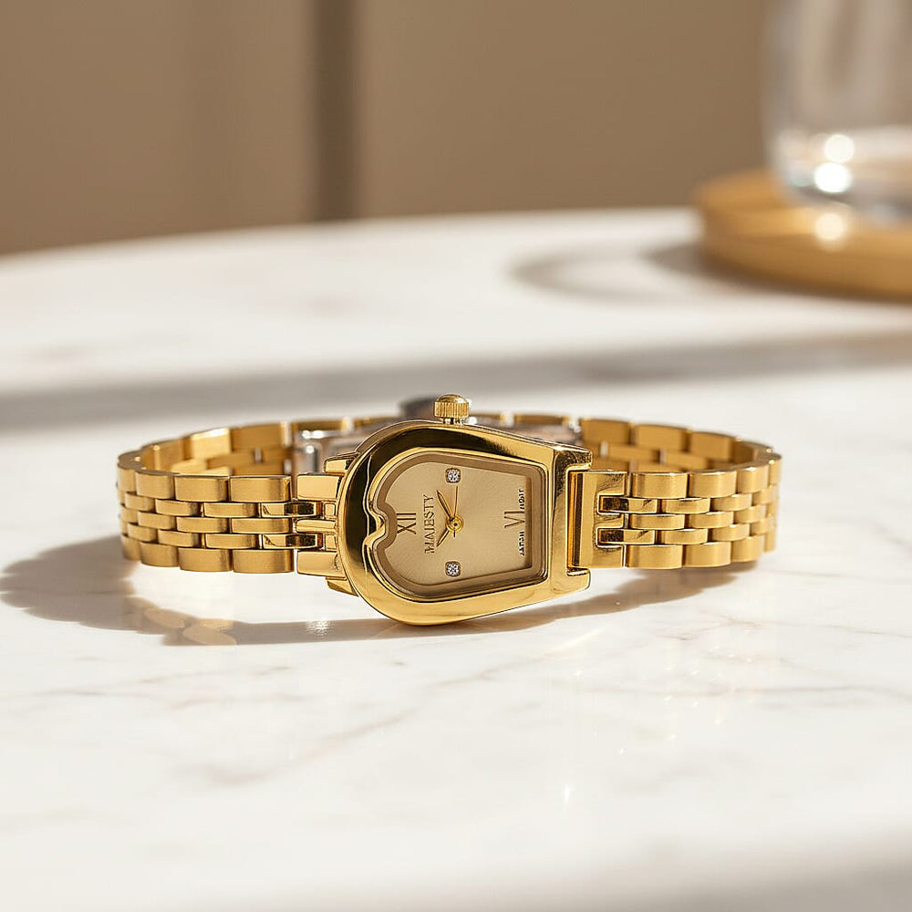 MAJESTY Quartz 7T35 Japan Movement 3ATM WR Gold Sunshine - Crystal Dial - Gold Case Ladies Watch with Gold Stainless Steel Strap