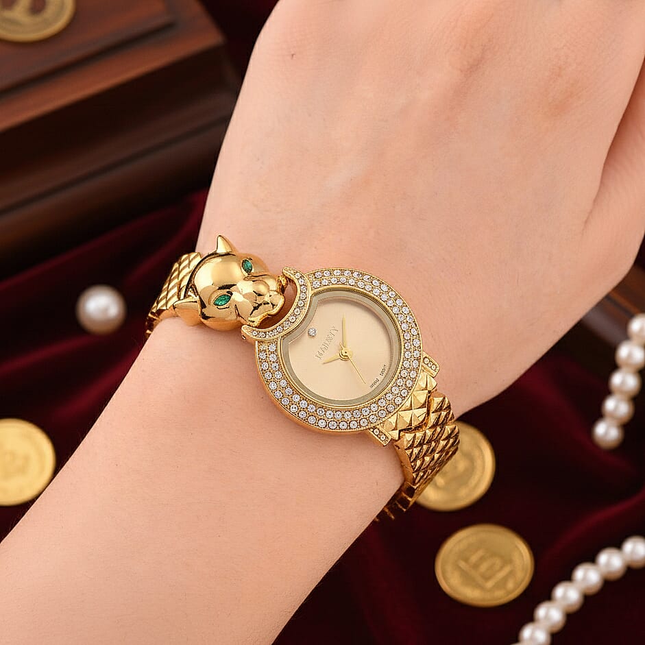 LOWEST EVER-MAJESTY Japan Movement 3ATM Crystal Studded Leopard Design  Watch - Gold