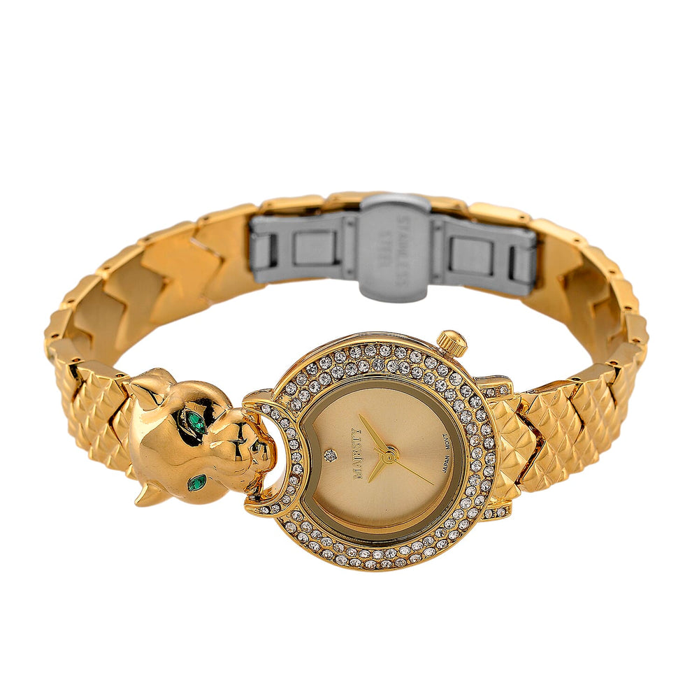 LOWEST EVER-MAJESTY Japan Movement 3ATM Crystal Studded Leopard Design  Watch - Gold