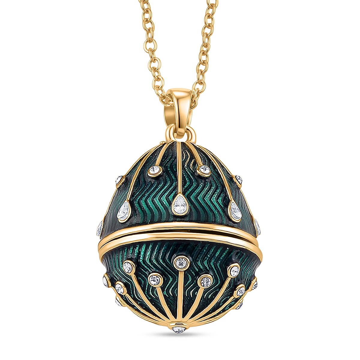 The Luxury Egg Collection - White Crystal & Multi Colour Enamelled Egg Pendant with Chain (Size 24-2 Ext) - Green