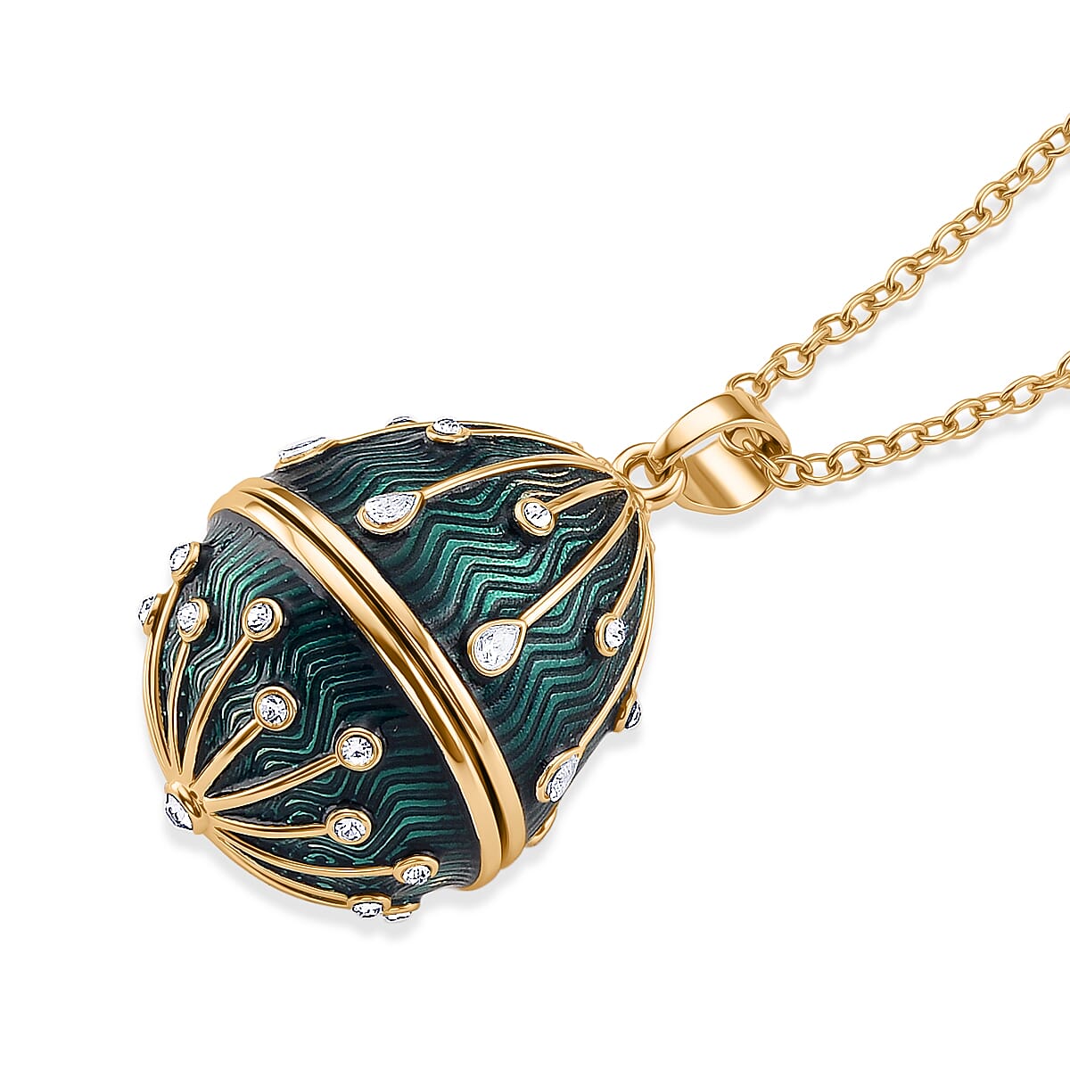 The Luxury Egg Collection - White Crystal & Multi Colour Enamelled Egg Pendant with Chain (Size 24-2 Ext) - Green
