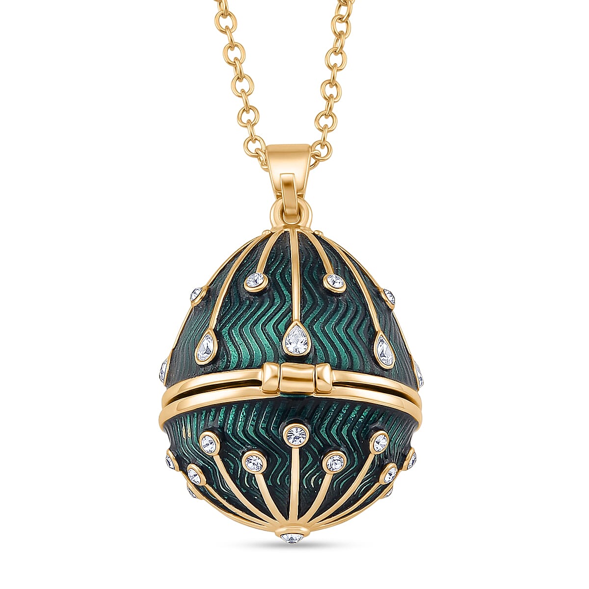The Luxury Egg Collection - White Crystal & Multi Colour Enamelled Egg Pendant with Chain (Size 24-2 Ext) - Green