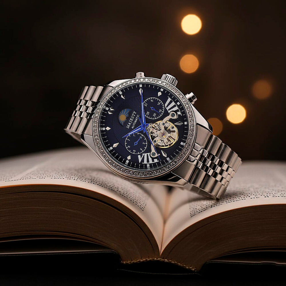 MAJESTY Triumph Multifunctional Automatic Movement Crystal Studded 3ATM Day and night element Stainless steel Strap Watch