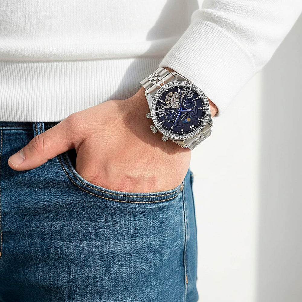 MAJESTY Triumph Multifunctional Automatic Movement Crystal Studded 3ATM Day and night element Stainless steel Strap Watch
