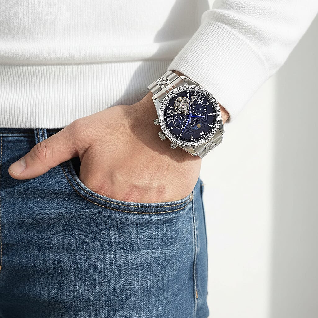 MAJESTY Triumph Multifunctional Automatic Movement Crystal Studded 3ATM Day and night element Stainless steel Strap Watch