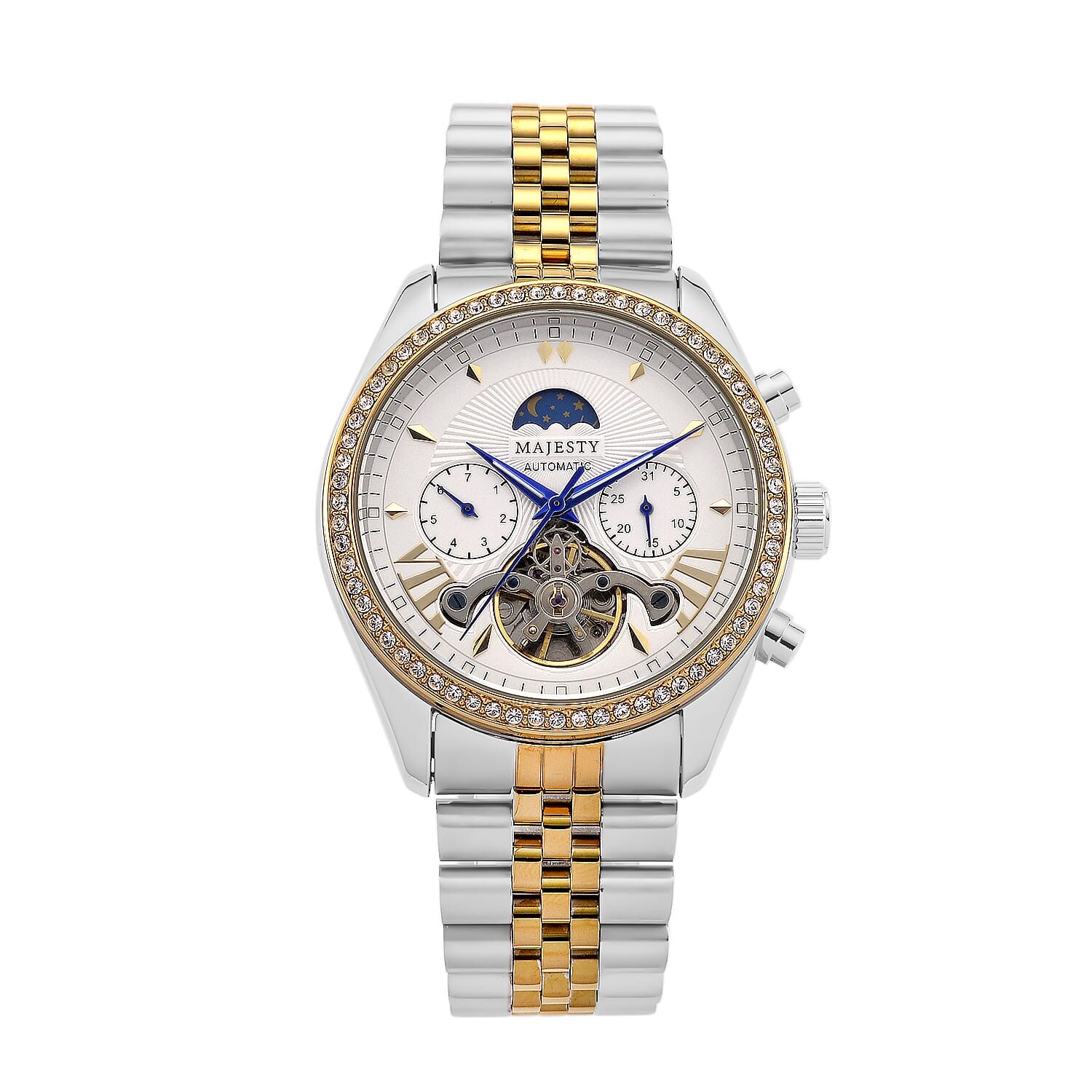 MAJESTY Triumph Multifunctional Automatic Movement Crystal Studded 3ATM Day and night element Two Tone Strap Watch - gold