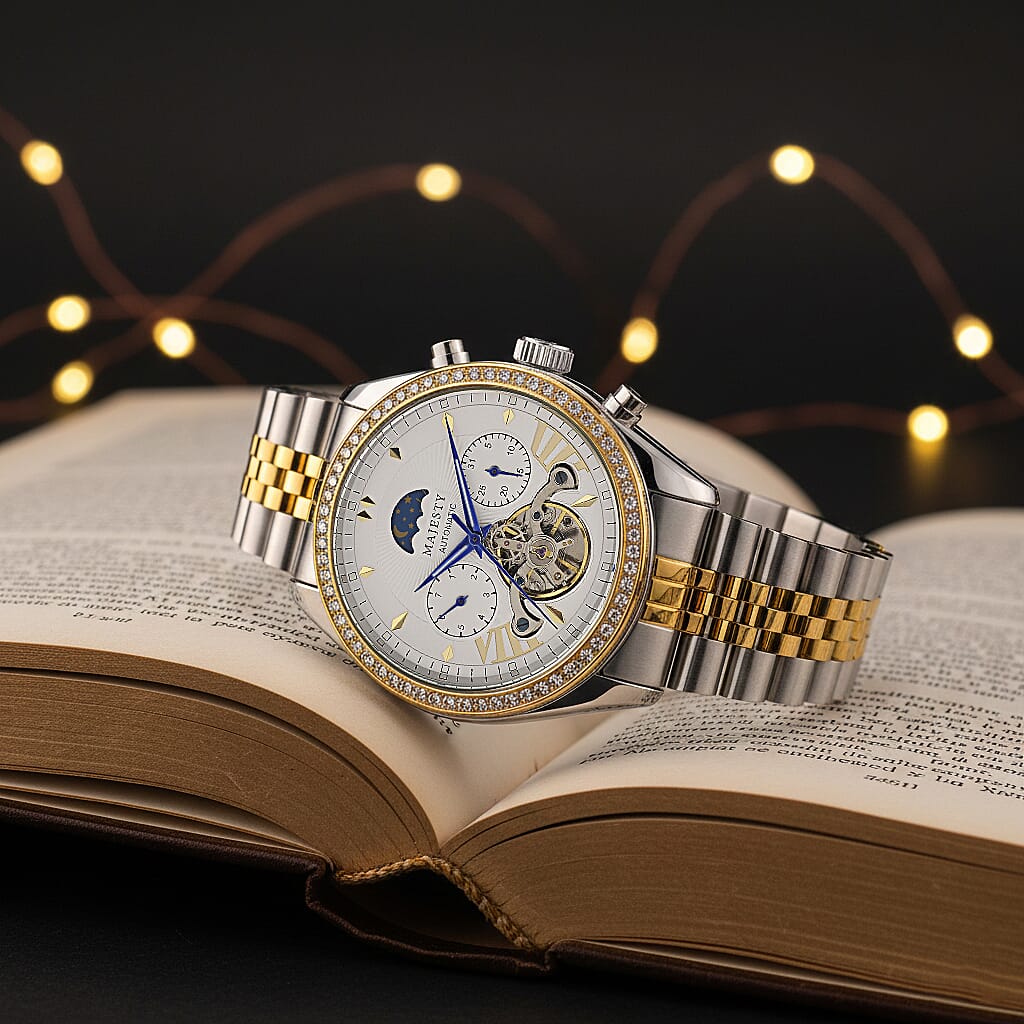 MAJESTY Triumph Multifunctional Automatic Movement Crystal Studded 3ATM Day and night element Two Tone Strap Watch - gold