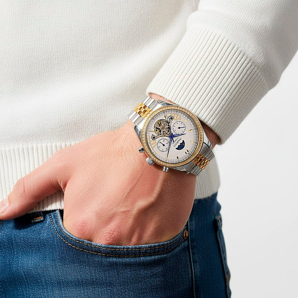 MAJESTY Triumph Multifunctional Automatic Movement Crystal Studded 3ATM Day and night element Two Tone Strap Watch - gold