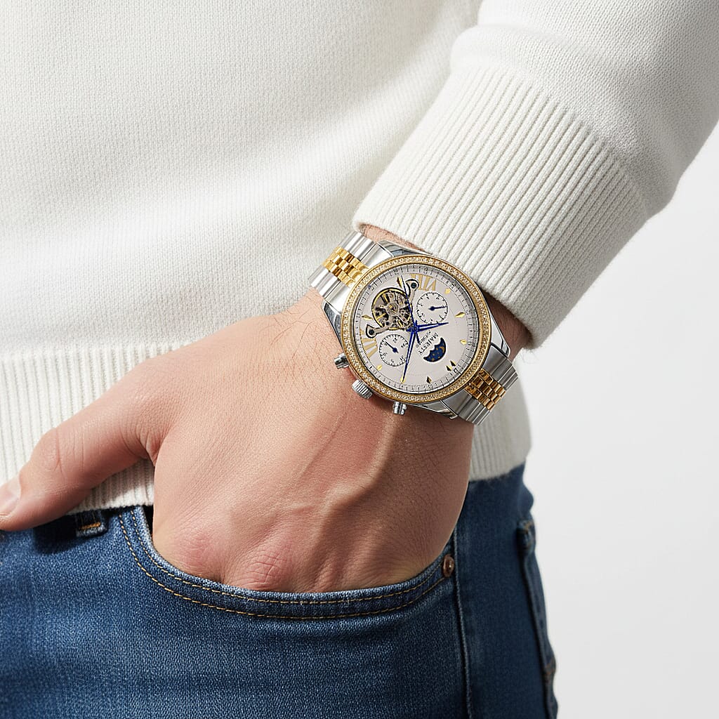 MAJESTY Triumph Multifunctional Automatic Movement Crystal Studded 3ATM Day and night element Two Tone Strap Watch - gold