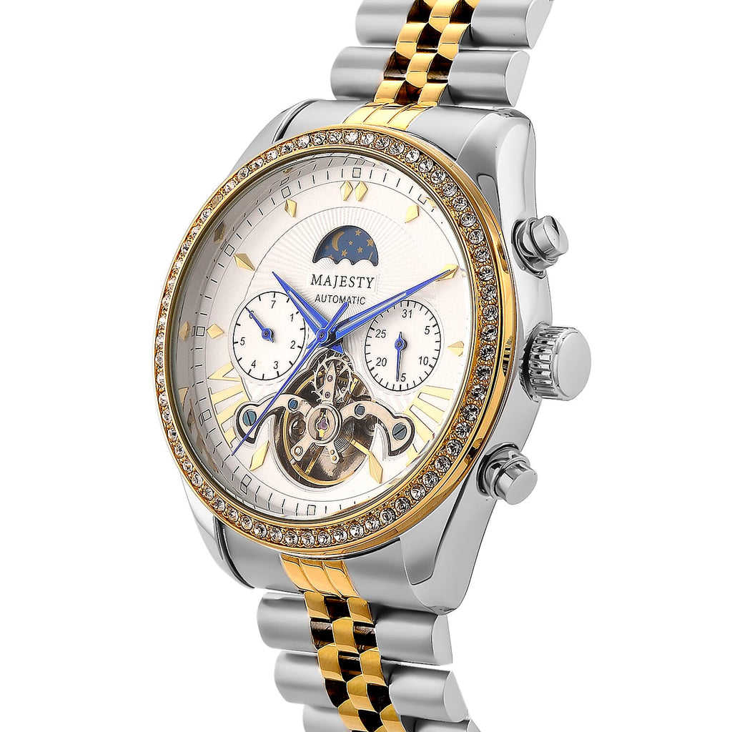 MAJESTY Triumph Multifunctional Automatic Movement Crystal Studded 3ATM Day and night element Two Tone Strap Watch - gold