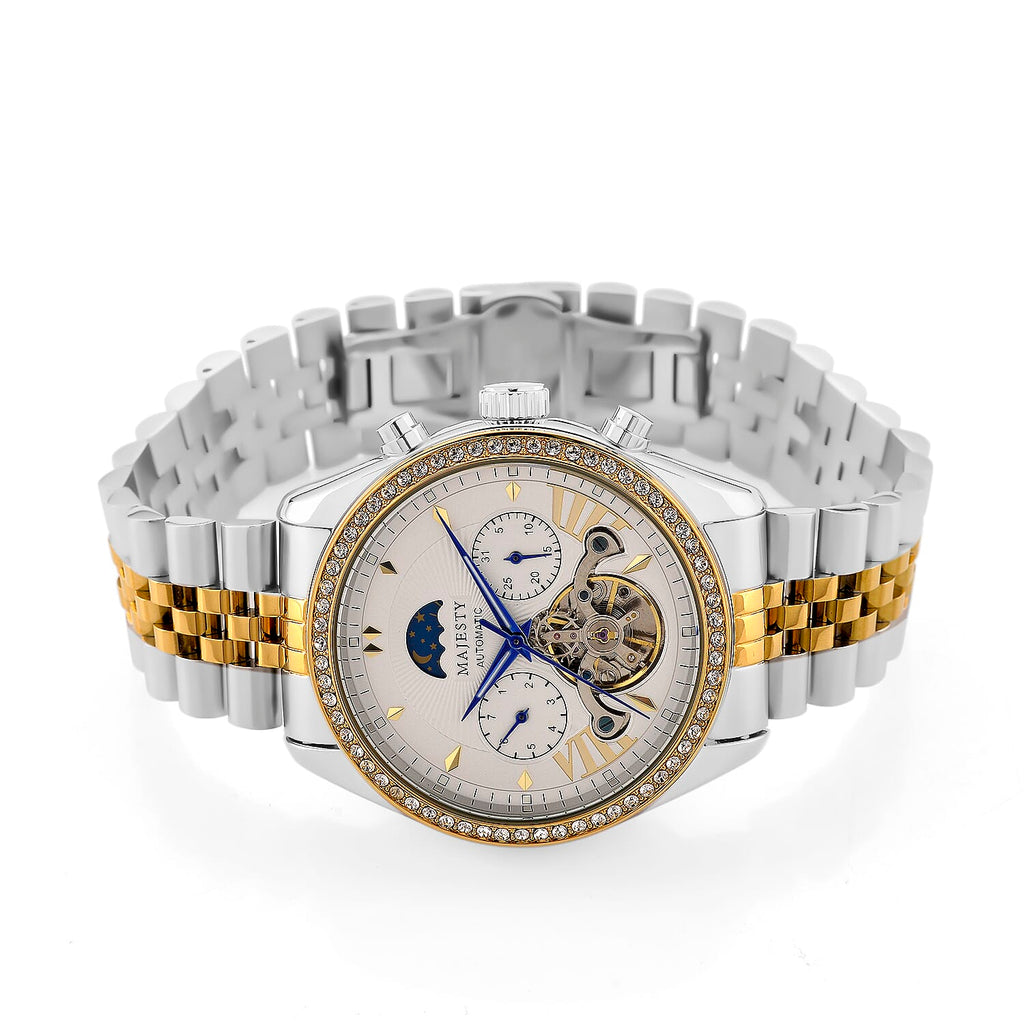 MAJESTY Triumph Multifunctional Automatic Movement Crystal Studded 3ATM Day and night element Two Tone Strap Watch - gold
