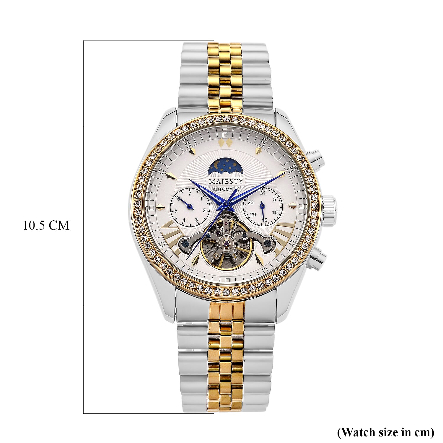 MAJESTY Triumph Multifunctional Automatic Movement Crystal Studded 3ATM Day and night element Two Tone Strap Watch - gold