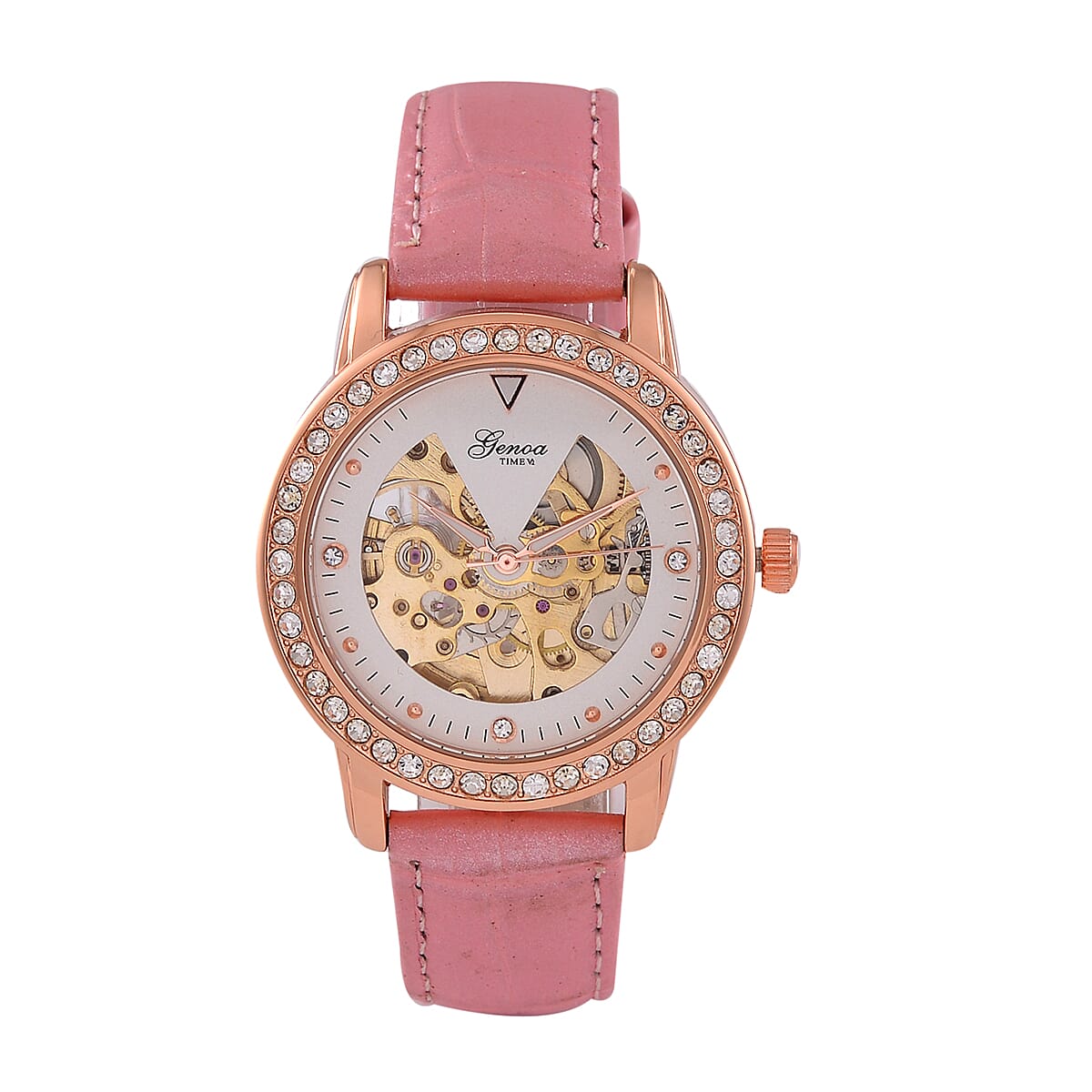 Designer Inspired - GENOA TIME V2-Automatic Movement with Crystal & Leather strap- Pink