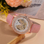 Designer Inspired - GENOA TIME V2-Automatic Movement with Crystal & Leather strap- Pink