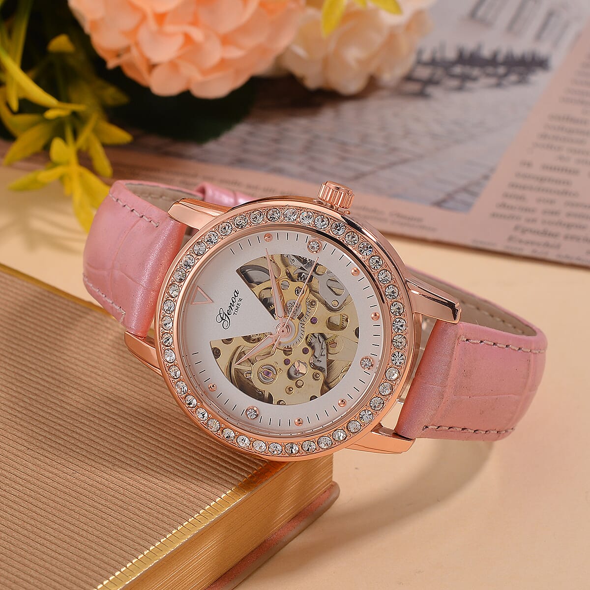Designer Inspired - GENOA TIME V2-Automatic Movement with Crystal & Leather strap- Pink