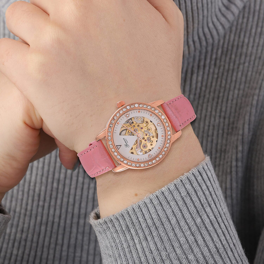 Designer Inspired - GENOA TIME V2-Automatic Movement with Crystal & Leather strap- Pink