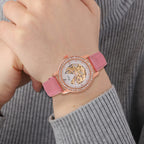 Designer Inspired - GENOA TIME V2-Automatic Movement with Crystal & Leather strap- Pink