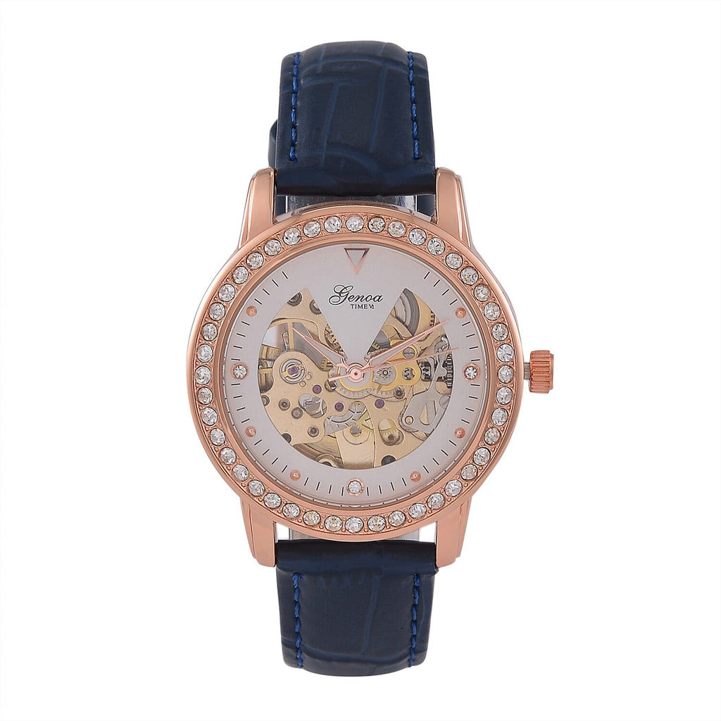 Designer Inspired - GENOA TIME V2-Automatic Movement with  Crystal & Leather strap- Blue
