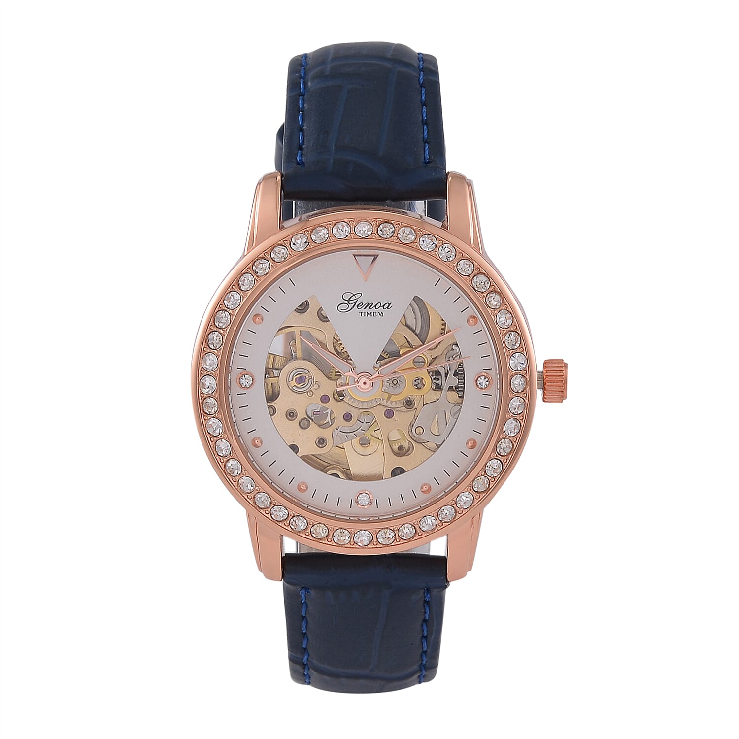 Designer Inspired - GENOA TIME V2-Automatic Movement with  Crystal & Leather strap- Blue