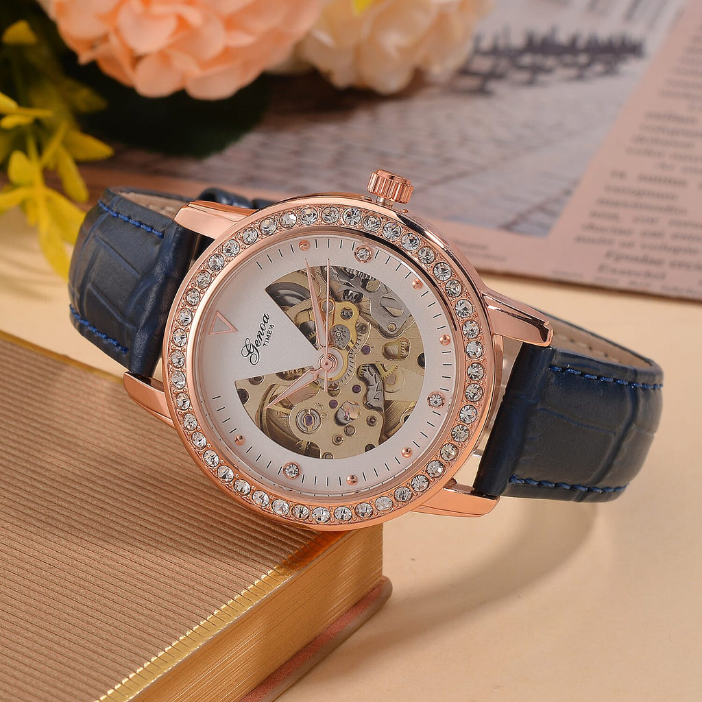 Designer Inspired - GENOA TIME V2-Automatic Movement with  Crystal & Leather strap- Blue