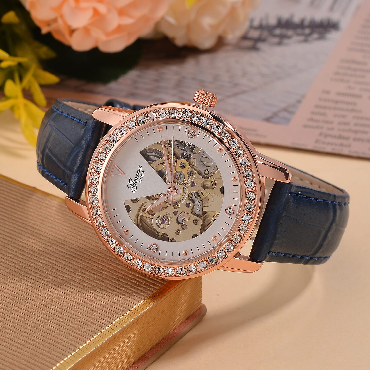 Designer Inspired - GENOA TIME V2-Automatic Movement with  Crystal & Leather strap- Blue