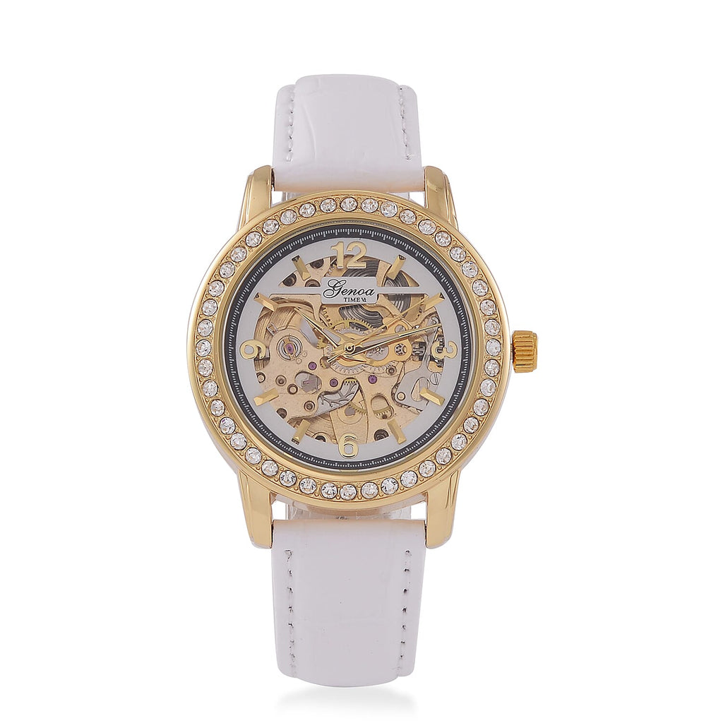 Designer Inspired - GENOA TIME V2-Automatic Movement with Crystal & Leather strap- White