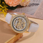 Designer Inspired - GENOA TIME V2-Automatic Movement with Crystal & Leather strap- White
