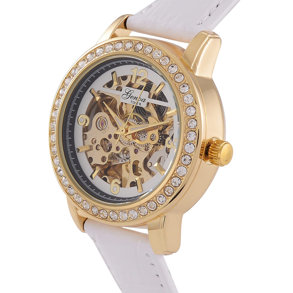 Designer Inspired - GENOA TIME V2-Automatic Movement with Crystal & Leather strap- White