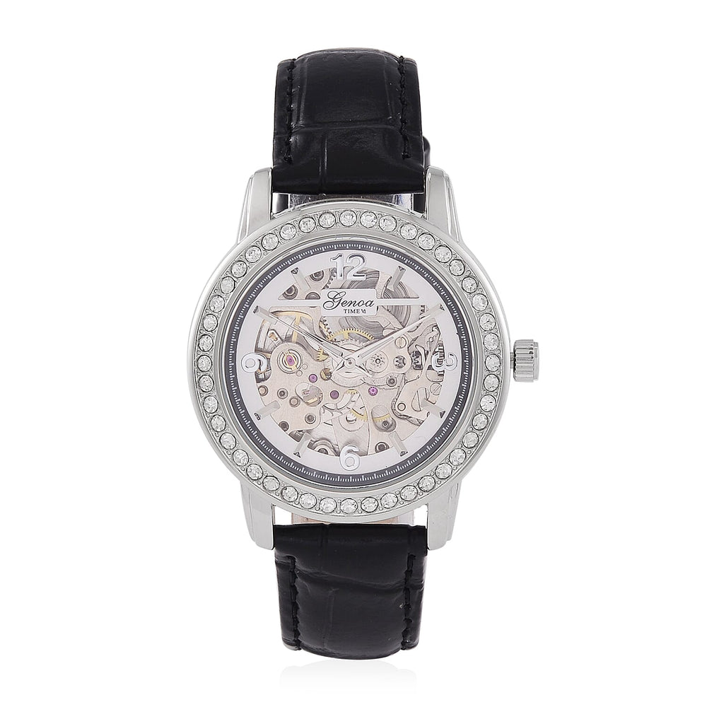 Designer Inspired - GENOA TIME V2-Automatic Movement with  Crystal & Leather strap- Black