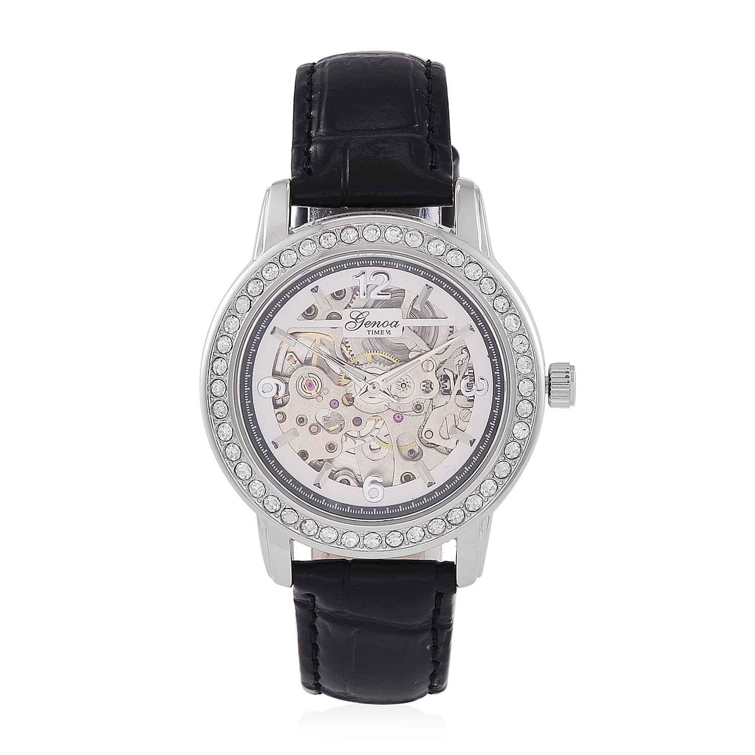 Designer Inspired - GENOA TIME V2-Automatic Movement with  Crystal & Leather strap- Black