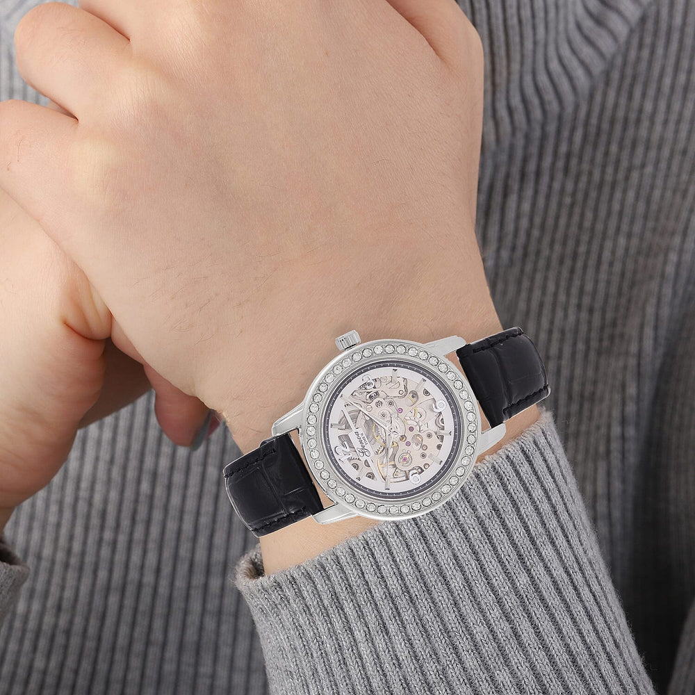 Designer Inspired - GENOA TIME V2-Automatic Movement with  Crystal & Leather strap- Black