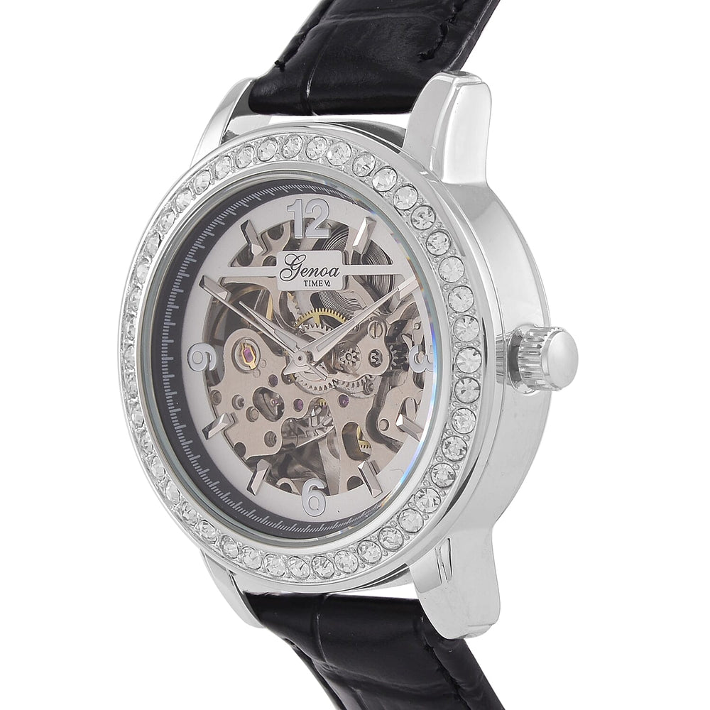 Designer Inspired - GENOA TIME V2-Automatic Movement with  Crystal & Leather strap- Black