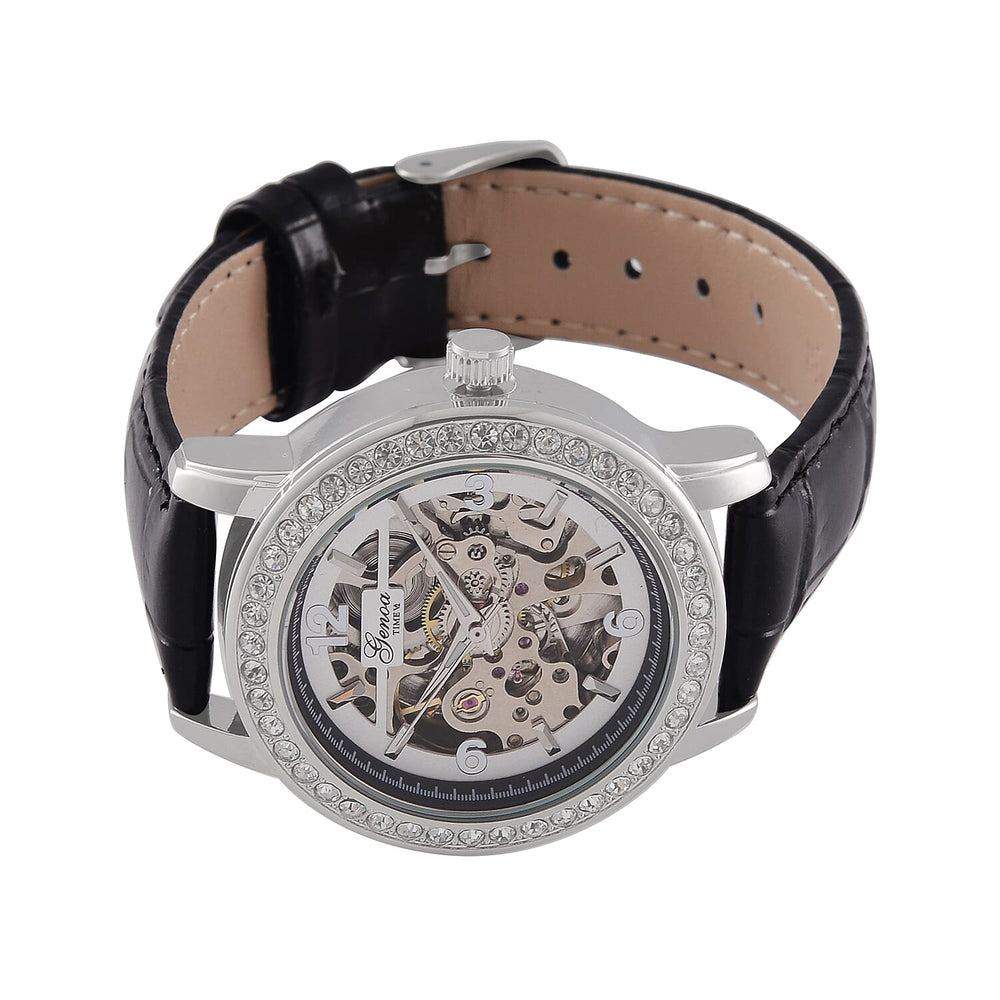 Designer Inspired - GENOA TIME V2-Automatic Movement with  Crystal & Leather strap- Black