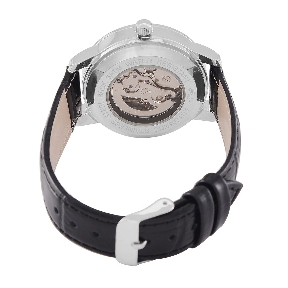 Designer Inspired - GENOA TIME V2-Automatic Movement with  Crystal & Leather strap- Black