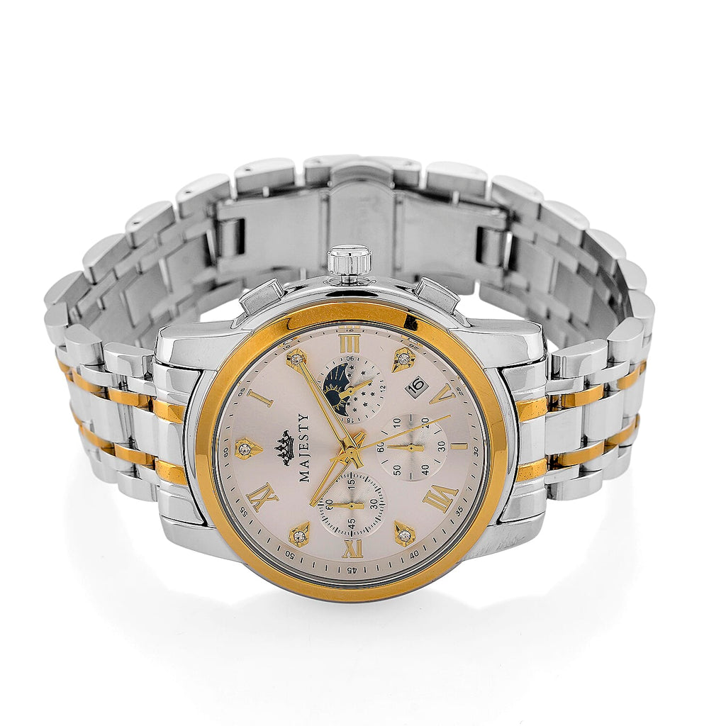MAJESTY ELITE EDITION - MAJESTY Multifunctional Quartz LD53 WR White Day and night Dial Indicator - Two-Tone Case Mens Watch with Two-Tone Stainless Steel Strap
