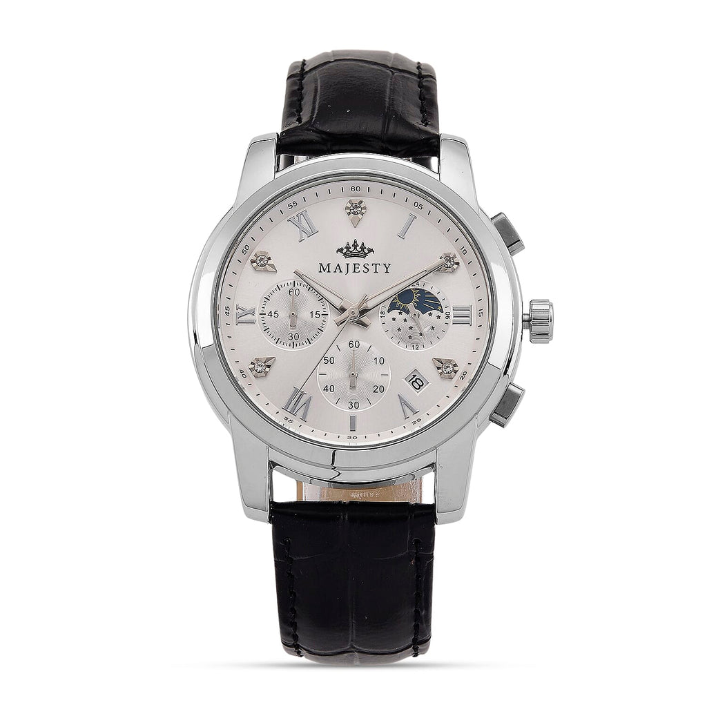 MAJESTY ELITE EDITION - Multifunctional Quartz Movement LD53 WR Day and night Dial - Silver Case Mens Watch with Leather Strap