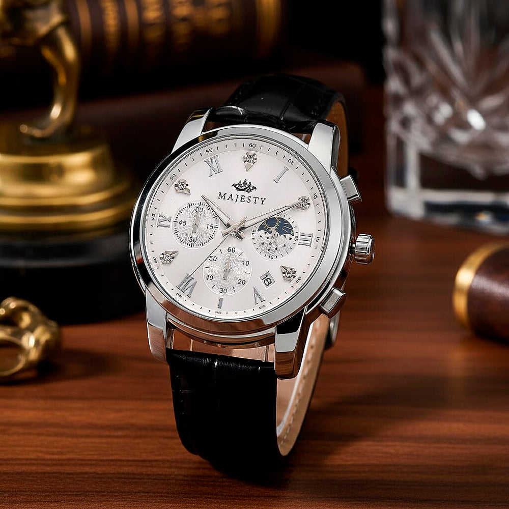 MAJESTY ELITE EDITION - Multifunctional Quartz Movement LD53 WR Day and night Dial - Silver Case Mens Watch with Leather Strap
