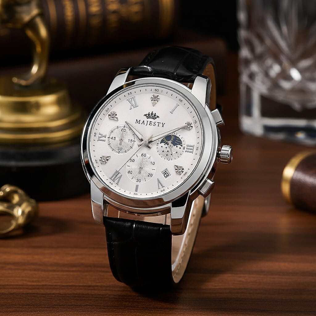 MAJESTY ELITE EDITION - Multifunctional Quartz Movement LD53 WR Day and night Dial - Silver Case Mens Watch with Leather Strap