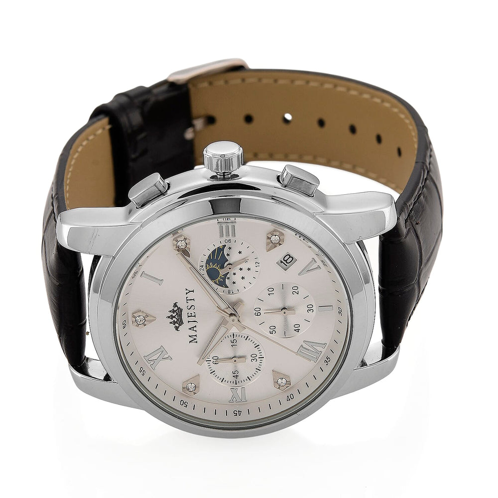 MAJESTY ELITE EDITION - Multifunctional Quartz Movement LD53 WR Day and night Dial - Silver Case Mens Watch with Leather Strap