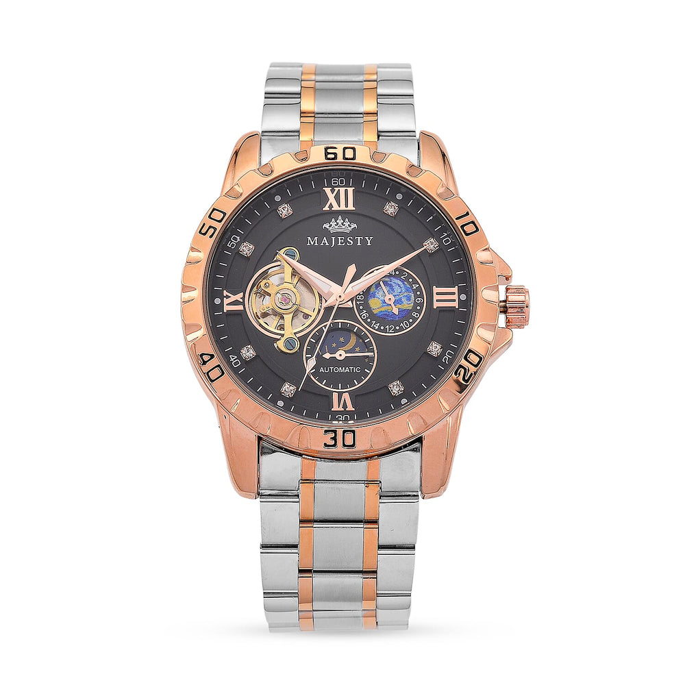 MAJESTY Multifunctional Automatic 3ATM WR Black Hollow - Day and Night Indicator Dial - Two-Tone Silver-Rose Case Mens Watch with Two-Tone Stainless Steel Strap