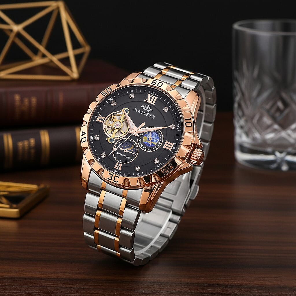 MAJESTY Multifunctional Automatic 3ATM WR Black Hollow - Day and Night Indicator Dial - Two-Tone Silver-Rose Case Mens Watch with Two-Tone Stainless Steel Strap