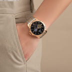 MAJESTY Multifunctional Automatic 3ATM WR Black Hollow - Day and Night Indicator Dial - Two-Tone Silver-Rose Case Mens Watch with Two-Tone Stainless Steel Strap