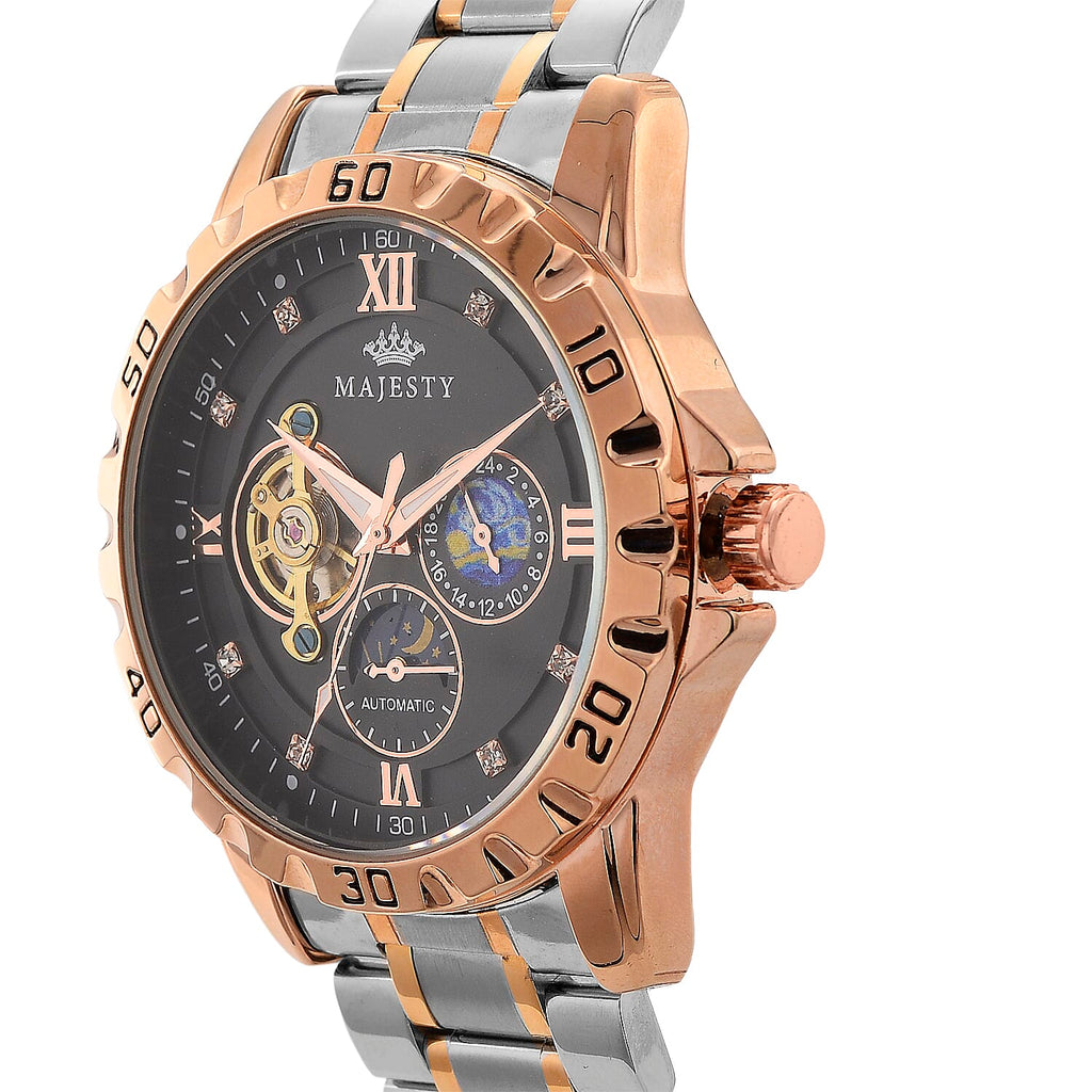 MAJESTY Multifunctional Automatic 3ATM WR Black Hollow - Day and Night Indicator Dial - Two-Tone Silver-Rose Case Mens Watch with Two-Tone Stainless Steel Strap