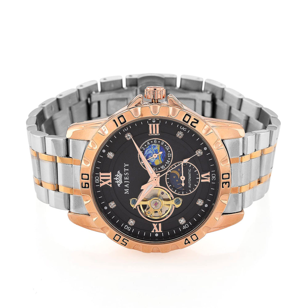 MAJESTY Multifunctional Automatic 3ATM WR Black Hollow - Day and Night Indicator Dial - Two-Tone Silver-Rose Case Mens Watch with Two-Tone Stainless Steel Strap