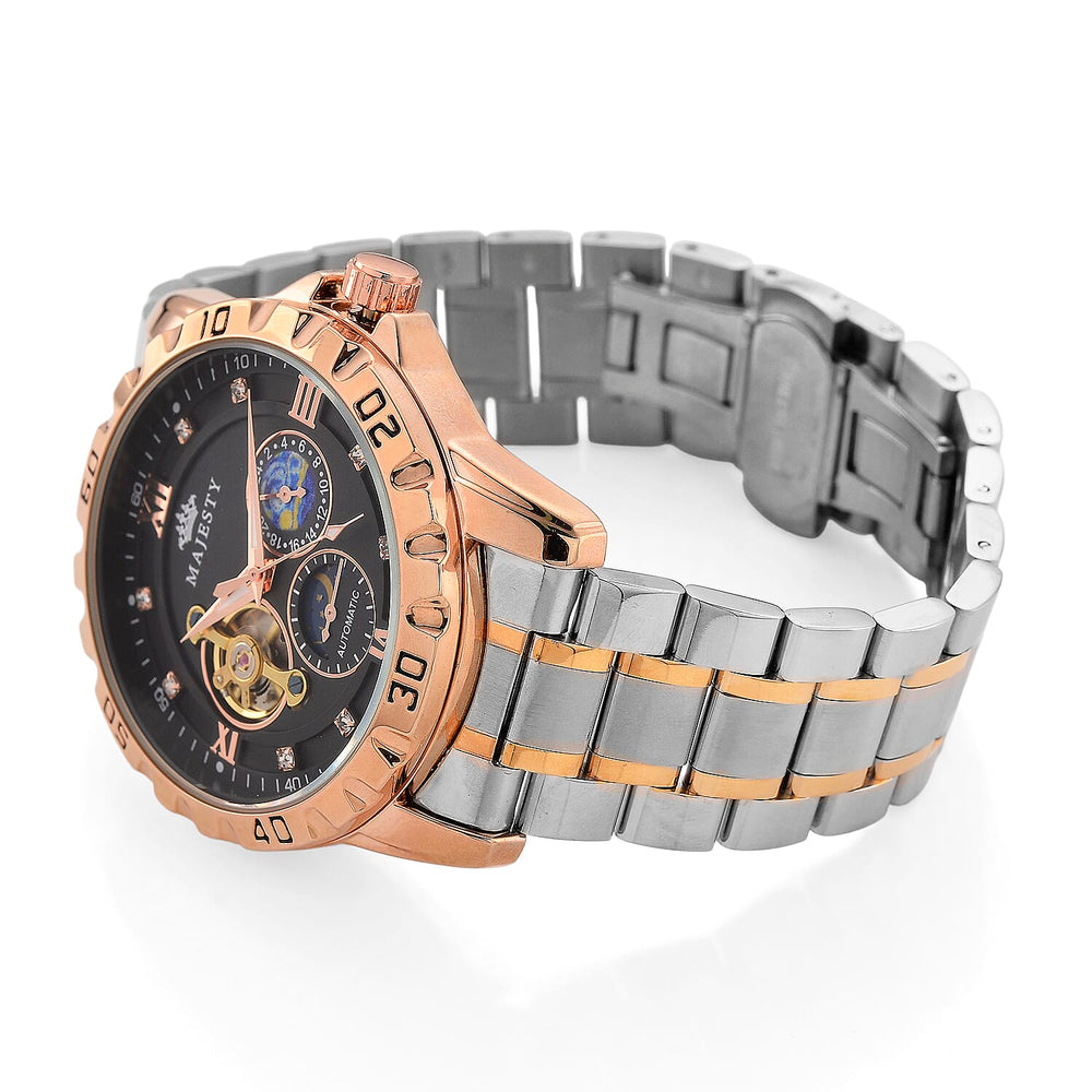 MAJESTY Multifunctional Automatic 3ATM WR Black Hollow - Day and Night Indicator Dial - Two-Tone Silver-Rose Case Mens Watch with Two-Tone Stainless Steel Strap
