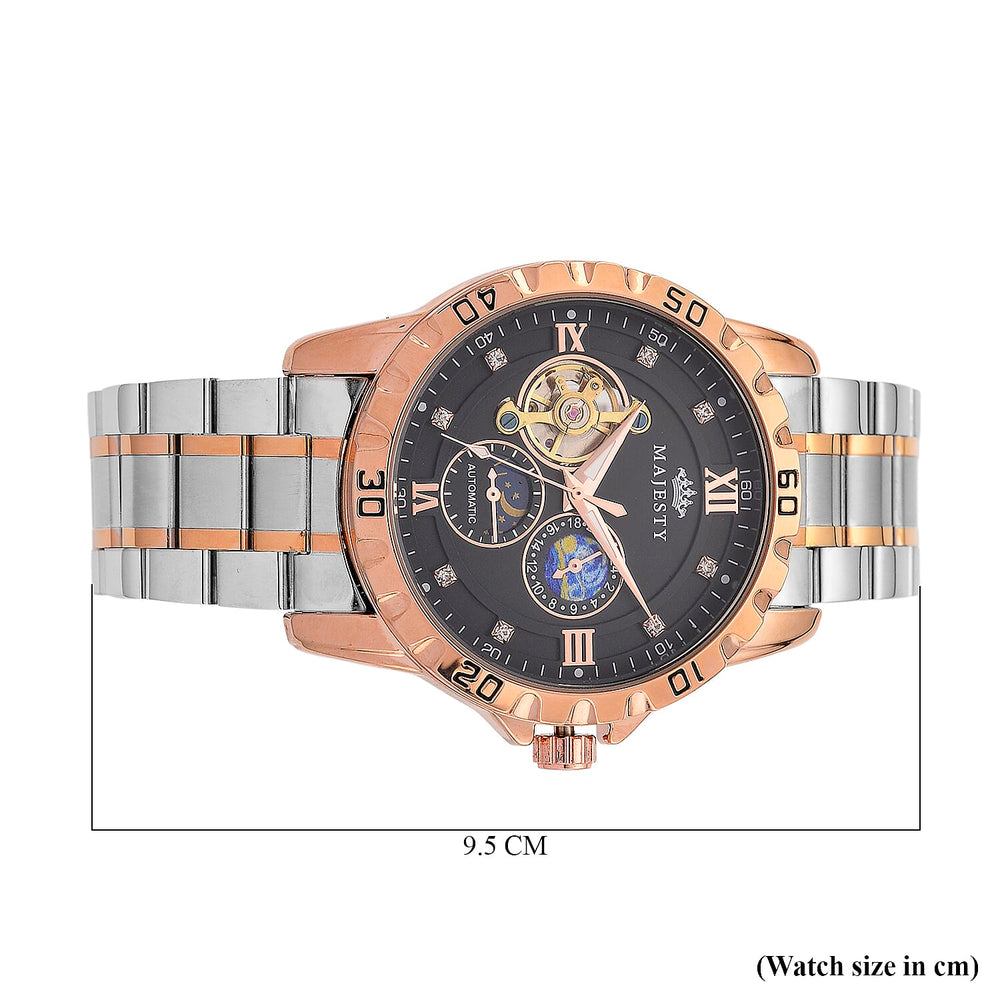 MAJESTY Multifunctional Automatic 3ATM WR Black Hollow - Day and Night Indicator Dial - Two-Tone Silver-Rose Case Mens Watch with Two-Tone Stainless Steel Strap