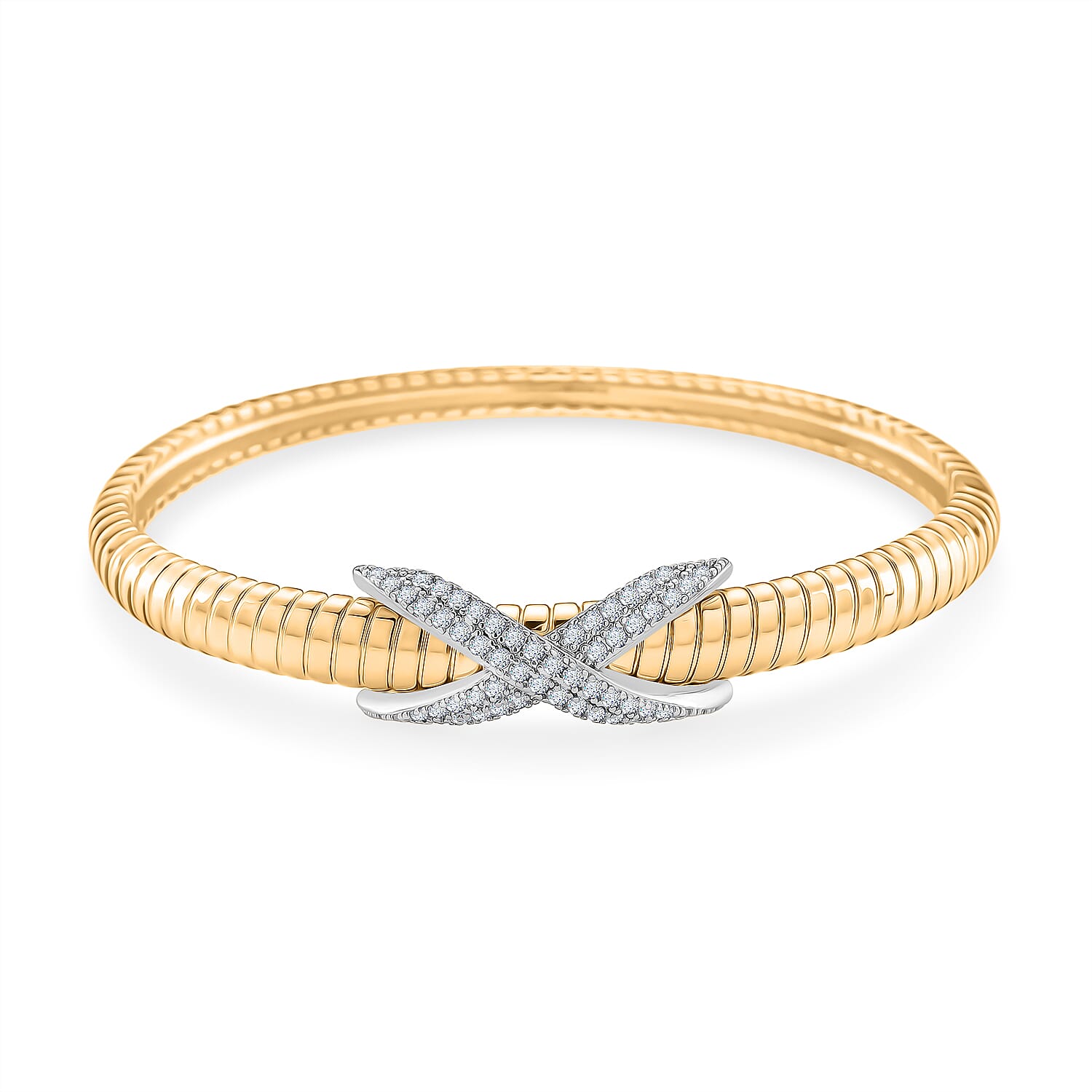 Designer Inspired- White Cubic Zirconia Bangle (Size - 7.5) in White & Yellow Gold Tone